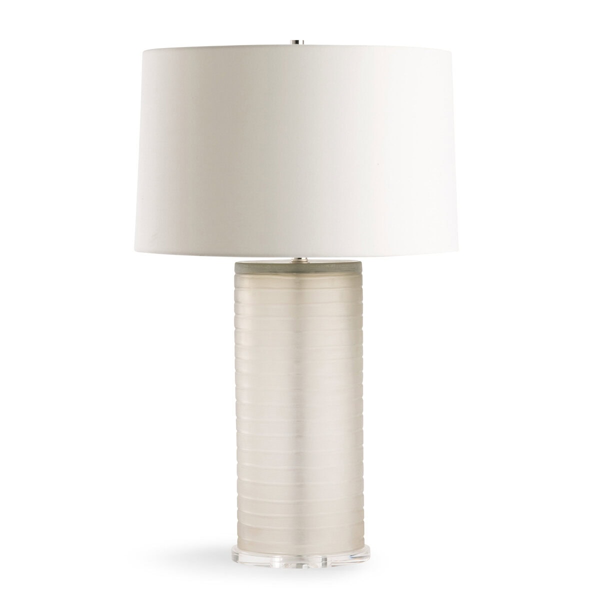FlowDecor Melody Table Lamp in glass with beige and acrylic base and off-white cotton tapered drum shade (# 4797)