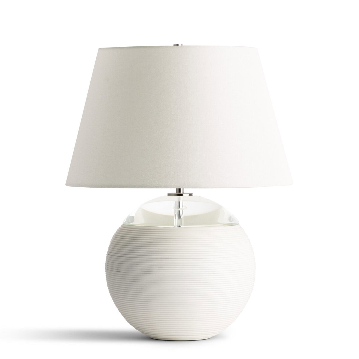 FlowDecor Odette Table Lamp in resin with off-white matte finish and finely ribbed surface and crystal and off-white linen tapered drum shade (# 4796)