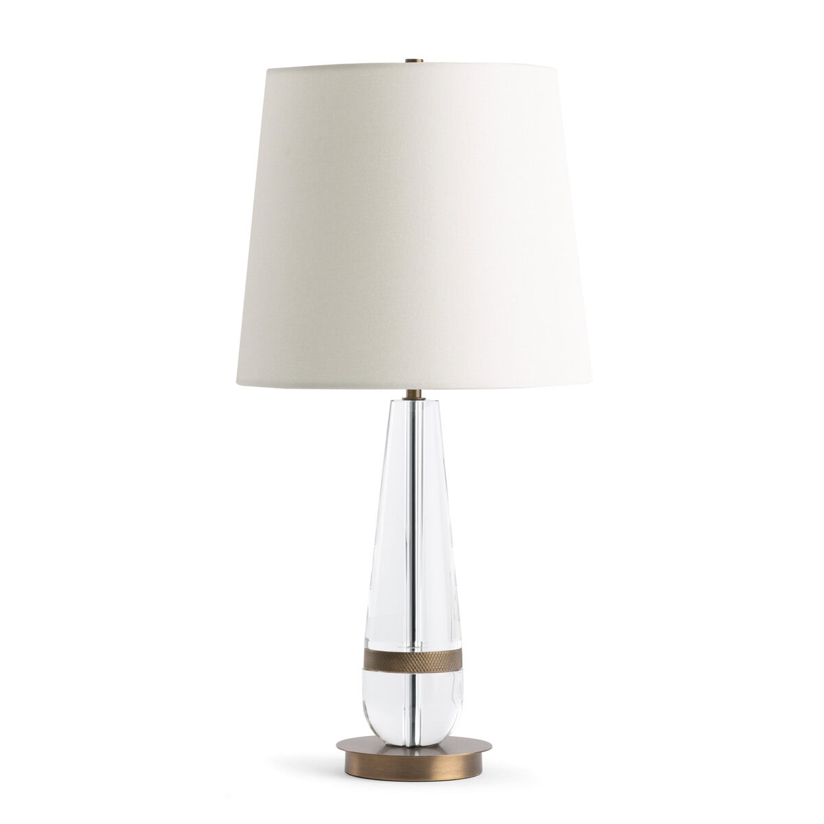 FlowDecor Rhett Table Lamp in crystal and metal with antique brass finish and off-white linen tapered drum shade (# 4788)